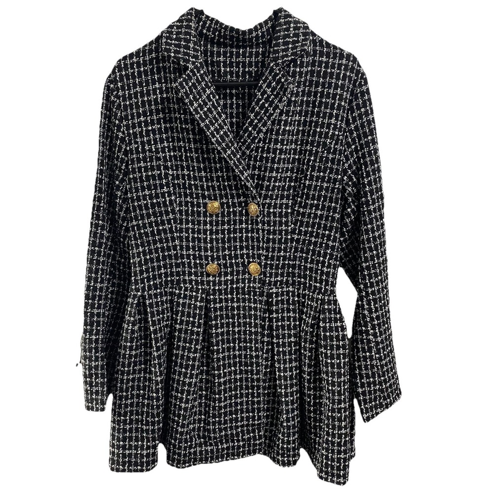 Unbranded Women Black&White Tweed Double Breasted Peplum Coat Sz.M? See Measrmnt